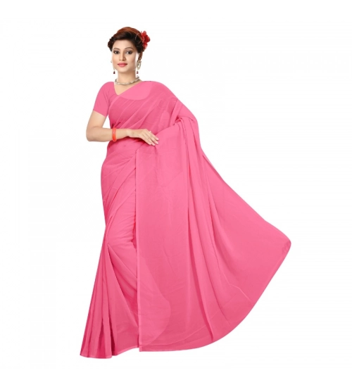 Women's Georgette Plain Saree With Blouse (Pink, 5-6 Mtrs)