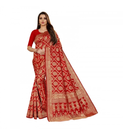 Women's Jacquard Silk Kanjivaram Jacquard Silk Saree With Blouse (Red, 5-6 Mtrs)