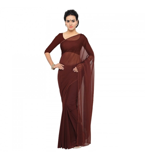 Women's Georgette Plain Saree With Blouse (Coffee, 5-6 Mtrs)