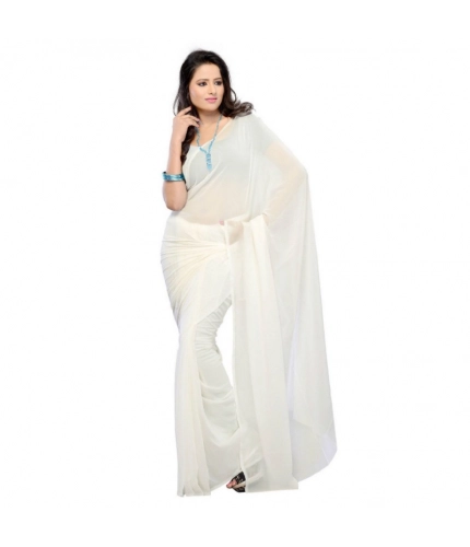 Women's Georgette Plain Saree With Blouse (white, 5-6 Mtrs)