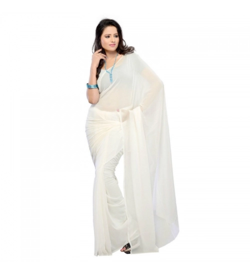 Women's Georgette Plain Saree With Blouse (white, 5-6 Mtrs)