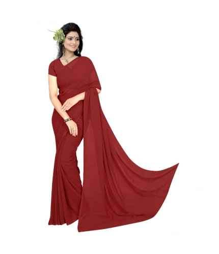 Women's Georgette Plain Saree With Blouse (Maroon, 5-6 Mtrs)