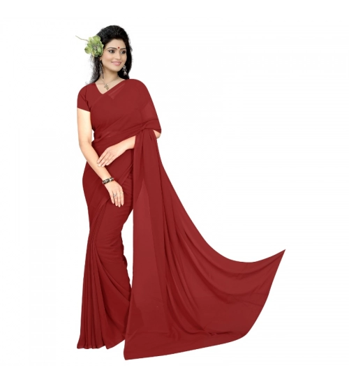 Women's Georgette Plain Saree With Blouse (Maroon, 5-6 Mtrs)