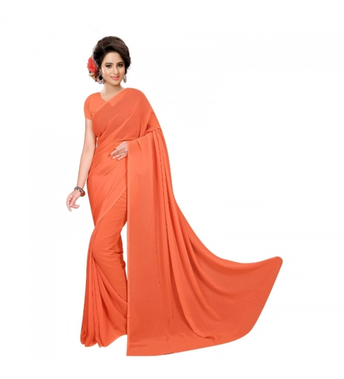 Women's Georgette Plain Saree With Blouse (Orange, 5-6 Mtrs)