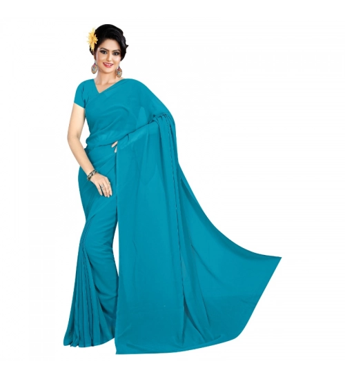 Women's Georgette Plain Saree With Blouse (Dark Firozi, 5-6 Mtrs)