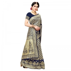 Generic Women's Jacquard Silk Kanjivaram Jacquard Silk Saree With Blouse (Navy Blue, 5-6 Mtrs)