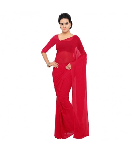 Women's Georgette Plain Saree With Blouse (Red, 5-6 Mtrs)