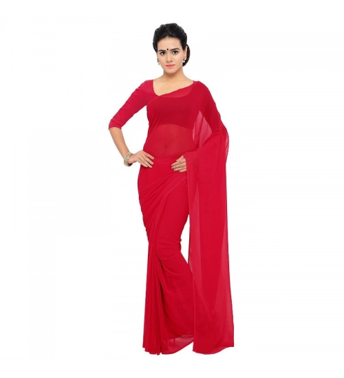 Women's Georgette Plain Saree With Blouse (Red, 5-6 Mtrs)