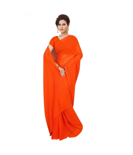 Women's Georgette Plain Saree With Blouse (Orange, 5-6 Mtrs)
