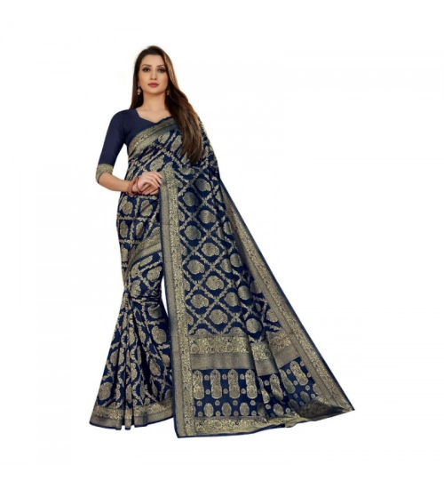 Women's Jacquard Silk Kanjivaram Jacquard Silk Saree With Blouse (Navy Blue, 5-6 Mtrs)