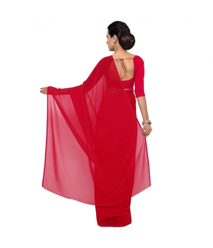 Women's Georgette Plain Saree With Blouse (Red, 5-6 Mtrs)