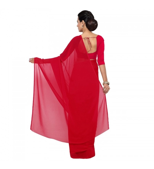 Women's Georgette Plain Saree With Blouse (Red, 5-6 Mtrs)