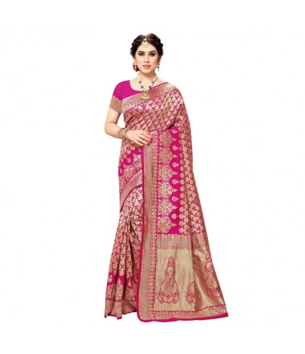 Women's Jacquard Silk Kanjivaram Jacquard Silk Saree With Blouse (Pink, 5-6 Mtrs)
