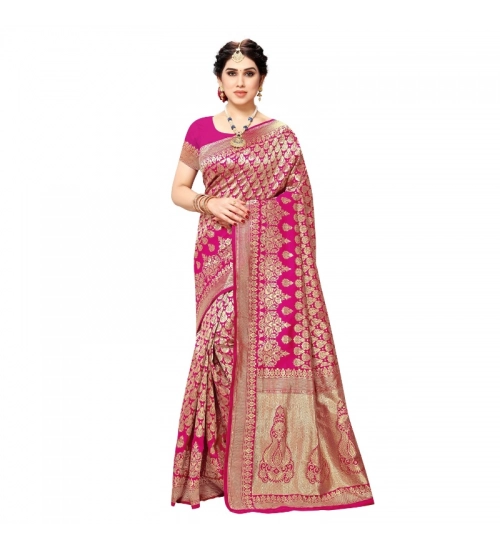 Women's Jacquard Silk Kanjivaram Jacquard Silk Saree With Blouse (Pink, 5-6 Mtrs)