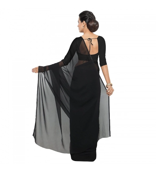 Women's Georgette Plain Saree With Blouse (Black, 5-6 Mtrs)