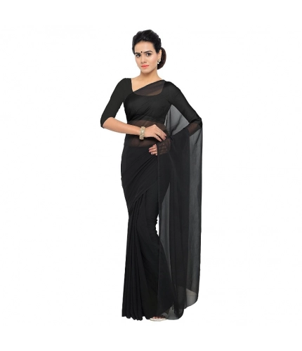 Women's Georgette Plain Saree With Blouse (Black, 5-6 Mtrs)