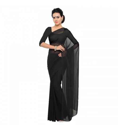 Women's Georgette Plain Saree With Blouse (Black, 5-6 Mtrs)