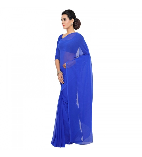 Women's Georgette Plain Saree With Blouse (Royal Blue, 5-6 Mtrs)