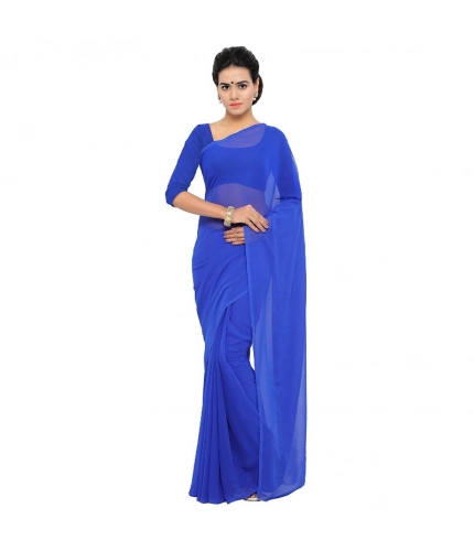 Women's Georgette Plain Saree With Blouse (Royal Blue, 5-6 Mtrs)
