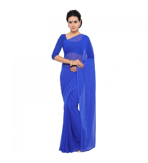 Women's Georgette Plain Saree With Blouse (Royal Blue, 5-6 Mtrs)