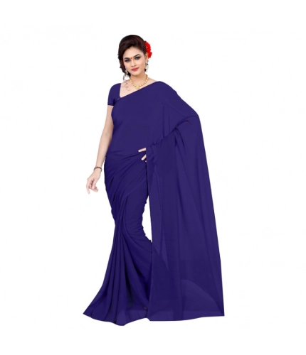 Women's Georgette Plain Saree With Blouse (Navy Blue, 5-6 Mtrs)