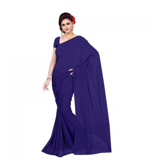 Women's Georgette Plain Saree With Blouse (Navy Blue, 5-6 Mtrs)