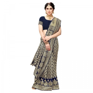Generic Women's Jacquard Silk Kanjivaram Jacquard Silk Saree With Blouse (Navy Blue, 5-6 Mtrs)