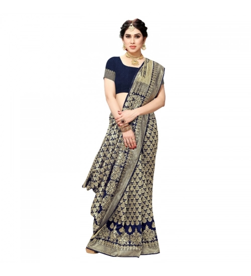 Women's Jacquard Silk Kanjivaram Jacquard Silk Saree With Blouse (Navy Blue, 5-6 Mtrs)