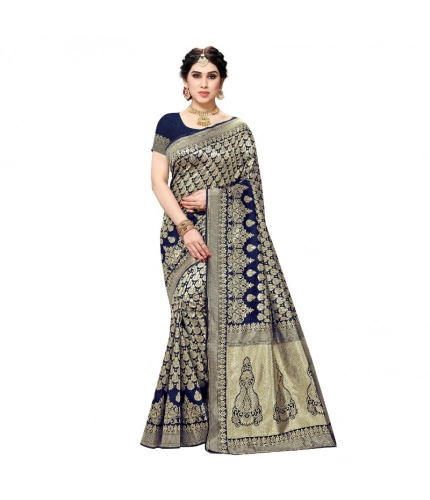 Women's Jacquard Silk Kanjivaram Jacquard Silk Saree With Blouse (Navy Blue, 5-6 Mtrs)