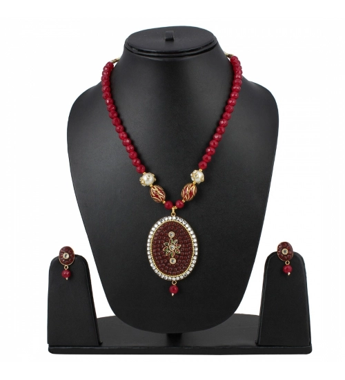 Women's Stylish Maroon Golde Plated Traditional Kundan Necklace Set with Earrings (Color: Red)