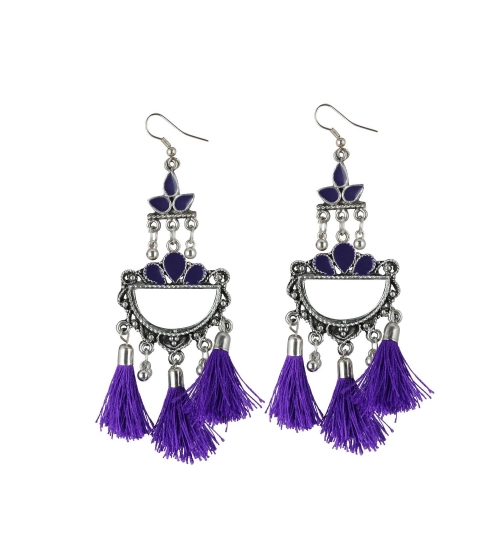 Women's Silver Plated Afgani Tassel Earring (Color: Purple)