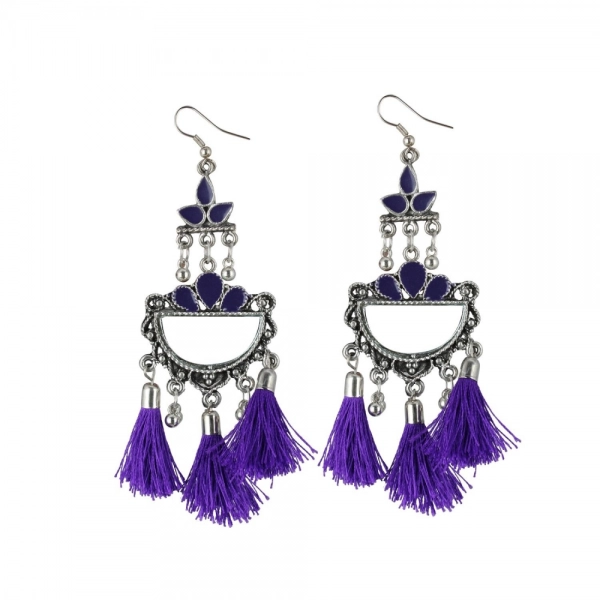 Dropship Women's Silver Plated Afgani Tassel Earring (Color: Purple)