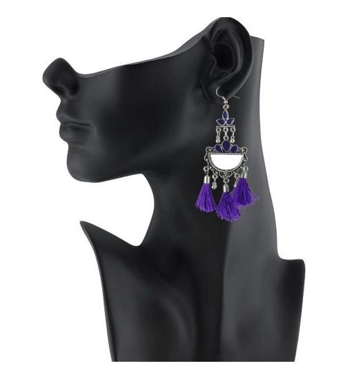 Women's Silver Plated Afgani Tassel Earring (Color: Purple) Women's Silver Plated Afgani Tassel Earring (Color: Purple)