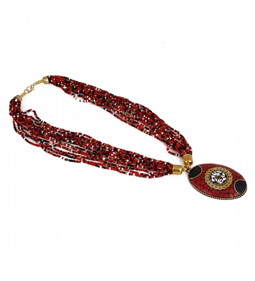 Women's Multicolor Tibetan Style Beads Necklace (Color: Red)