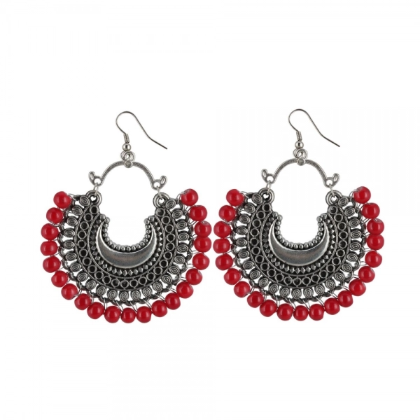 Dropship Women's Silver Plated Hook Dangler Hanging Beads Earring (Color: Red)