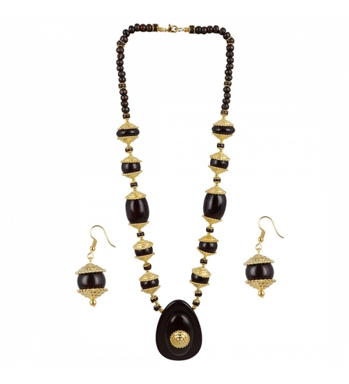 Women's Designer Dark Brown and Golden Beads South Style Necklace (Color: Black)