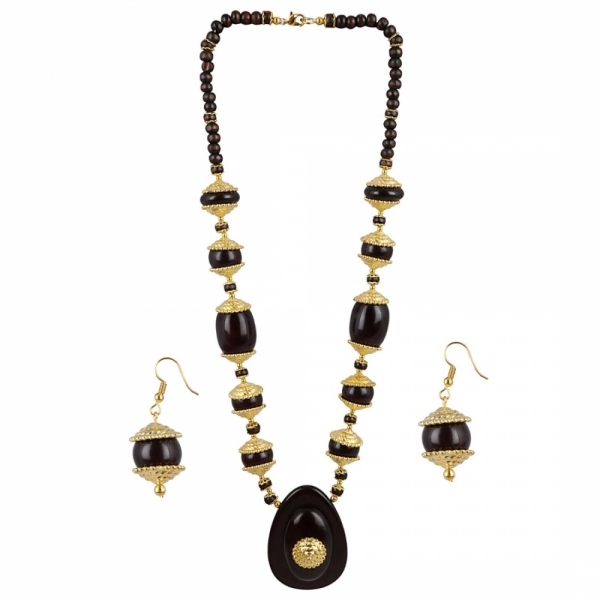 Dropship Women's Designer Dark Brown and Golden Beads South Style Necklace (Color: Black)