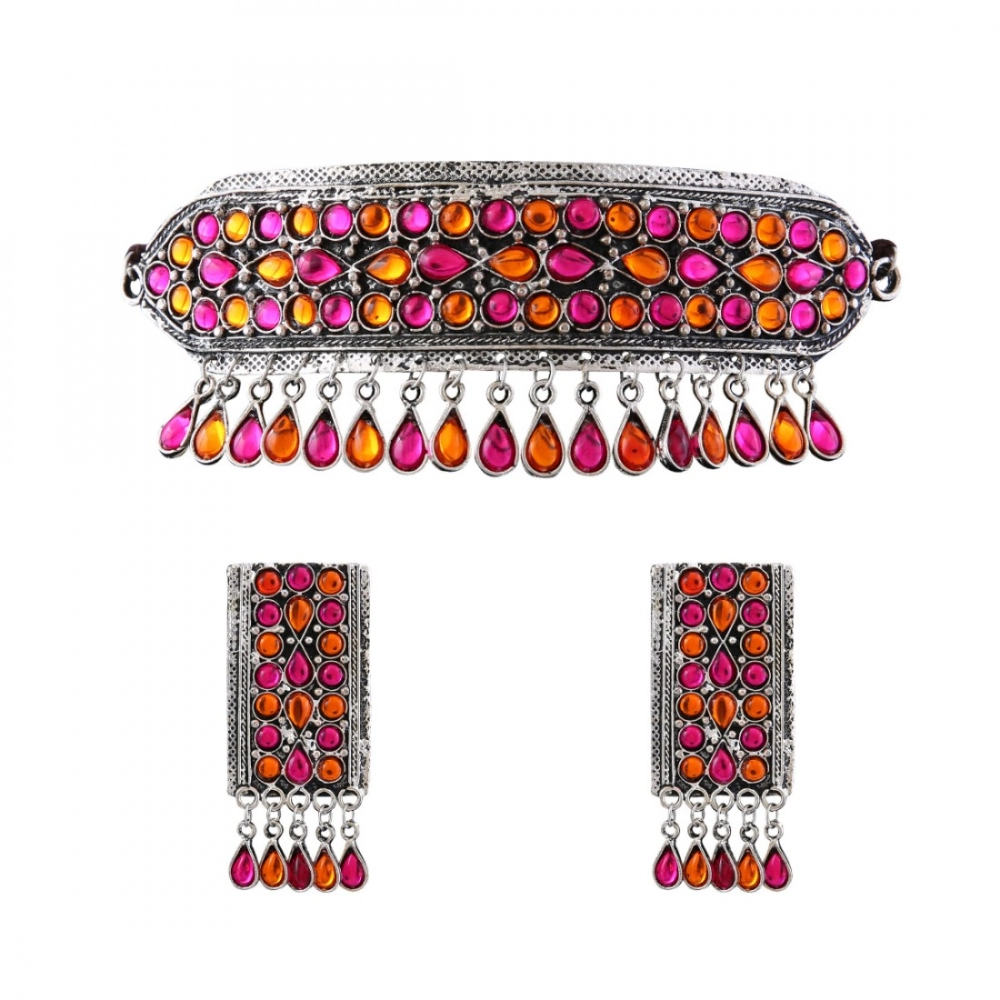 Generic German Oxidised Plated Tribal Afghani Choker Necklace With Earrings Set For Women Generic German Oxidised Plated Tribal Afghani Choker Necklace With Earrings Set For Women