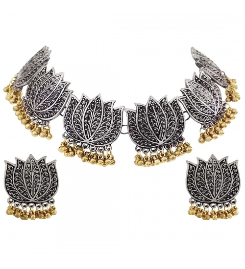 Antique Silver Oxidised Plated Tribal Afghani Necklace With Earrings Set For Women