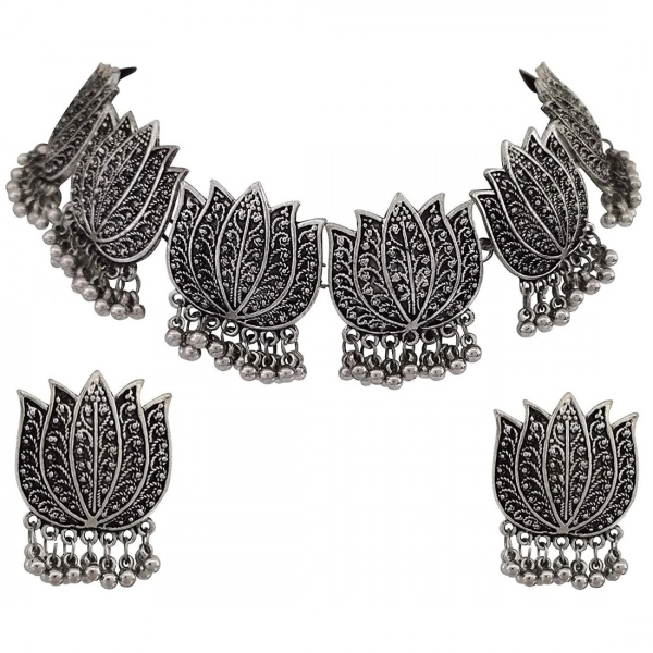 Dropship Antique Silver Oxidised Tribal Afghani Necklace With Earrings Set For Women