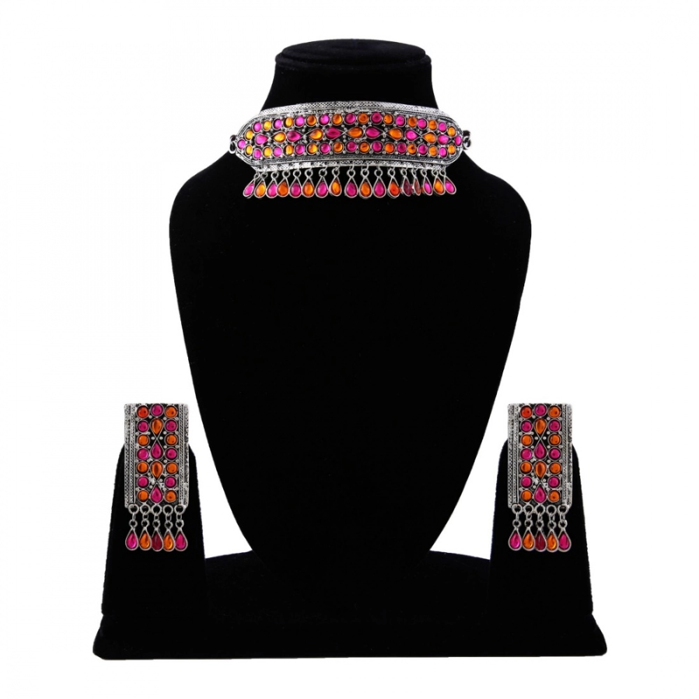 Generic German Oxidised Plated Tribal Afghani Choker Necklace With Earrings Set For Women Generic German Oxidised Plated Tribal Afghani Choker Necklace With Earrings Set For Women