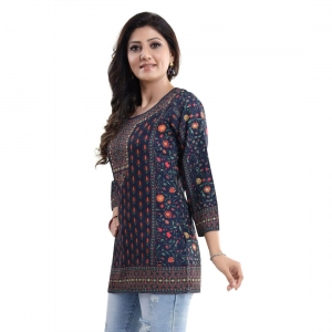 Generic Women's Quarter Sleeve Faux Crepe Printed Short Kurti Tunic Top (Color:Blue)