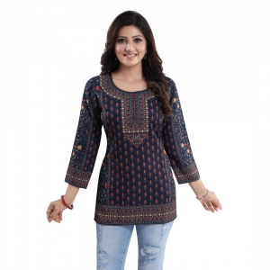 Generic Women's Quarter Sleeve Faux Crepe Printed Short Kurti Tunic Top (Color:Blue)
