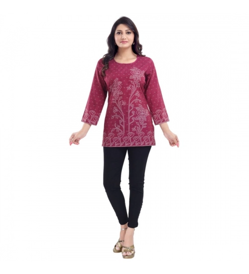 Women's Quarter Sleeve Faux Crepe Printed Short Kurti Tunic Top (Color:Magenta)