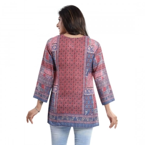 Generic Women's Quarter Sleeve Faux Crepe Printed Short Kurti Tunic Top (Color:Multicolor)