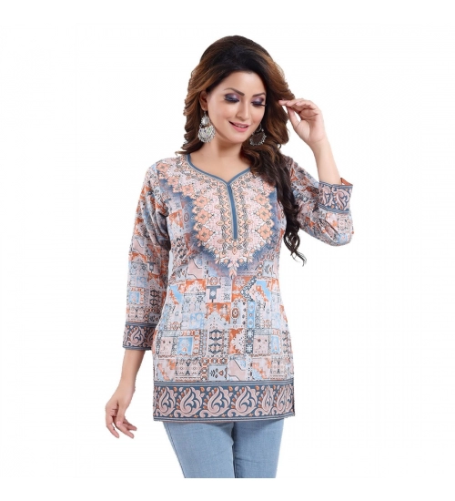 Women's Quarter Sleeve Faux Crepe Printed Short Kurti Tunic Top (Color:Blue)