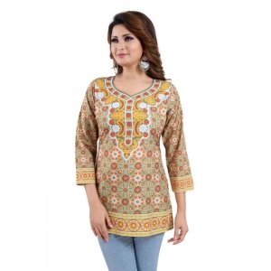 Generic Women's Quarter Sleeve Faux Crepe Printed Short Kurti Tunic Top (Color:Multicolor)