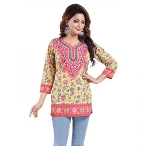 Generic Women's Quarter Sleeve Faux Crepe Printed Short Kurti Tunic Top (Color:Yellow)