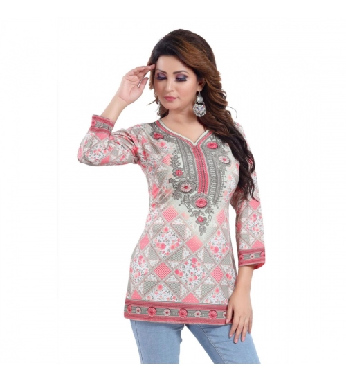 Women's Quarter Sleeve Faux Crepe Printed Short Kurti Tunic Top (Color:Pink)