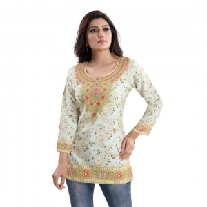 Generic Women's Quarter Sleeve Faux Crepe Printed Short Kurti Tunic Top (Color:White)
